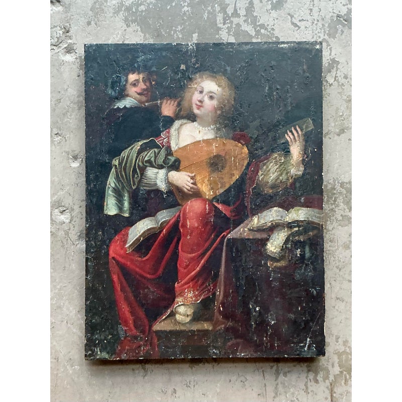 Vintage Boho 19th Century Figural Painting Oil on Board - Side view