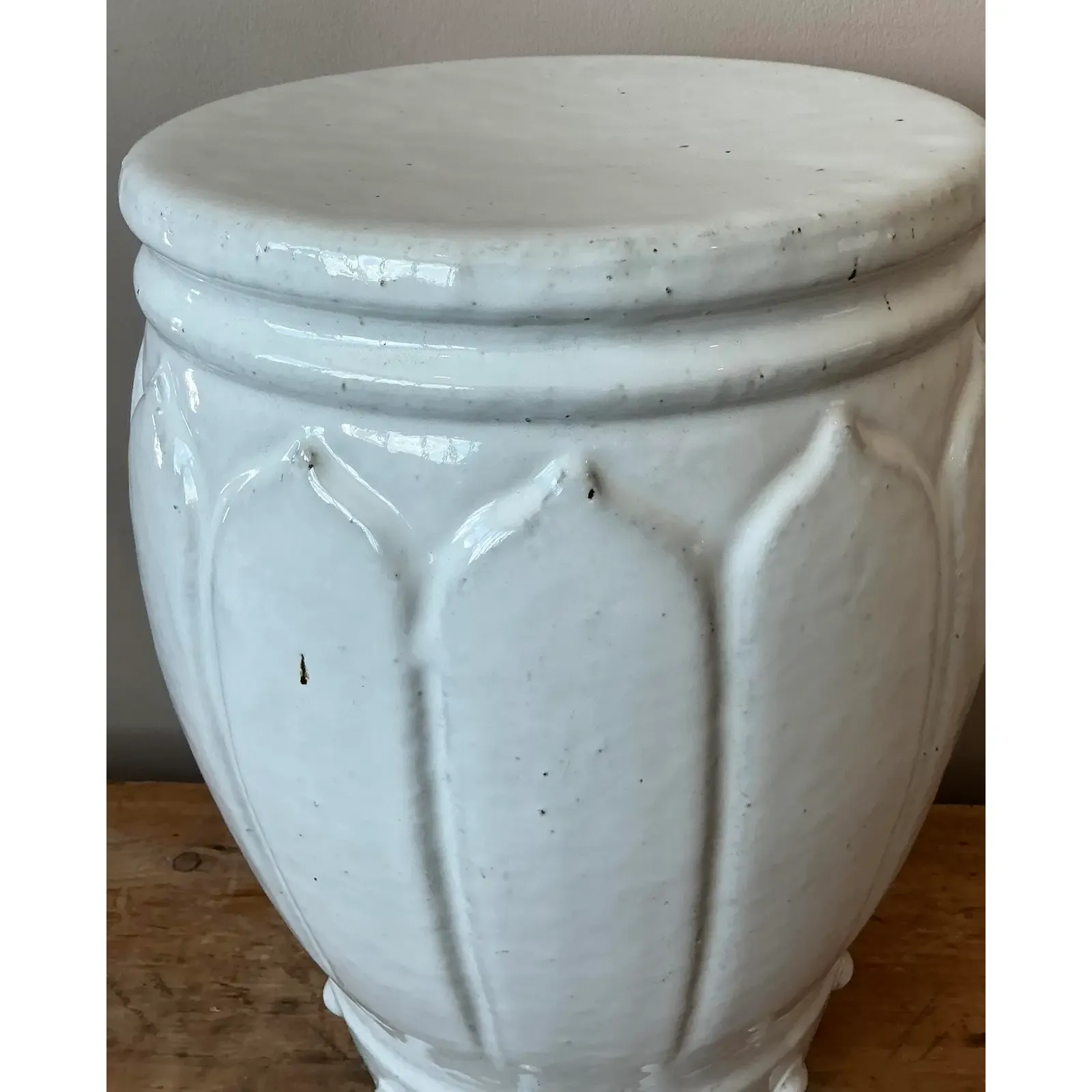 Vintage Regency Glazed Ceramic Low Stool - Side view