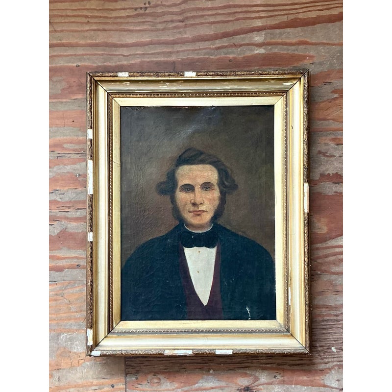 Vintage Boho 19th Century Folk Art Portrait of Man - Detail view