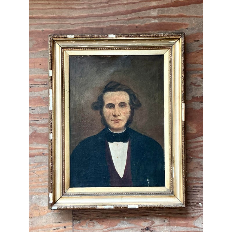 Vintage Boho 19th Century Folk Art Portrait of Man - Side view