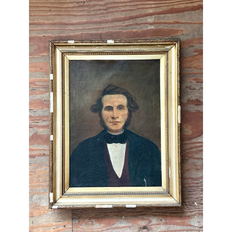 Vintage Boho 19th Century Folk Art Portrait of Man - Back view