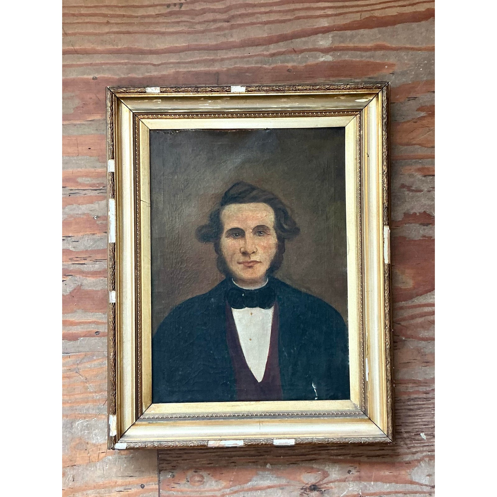 Vintage Boho 19th Century Folk Art Portrait of Man - Top view