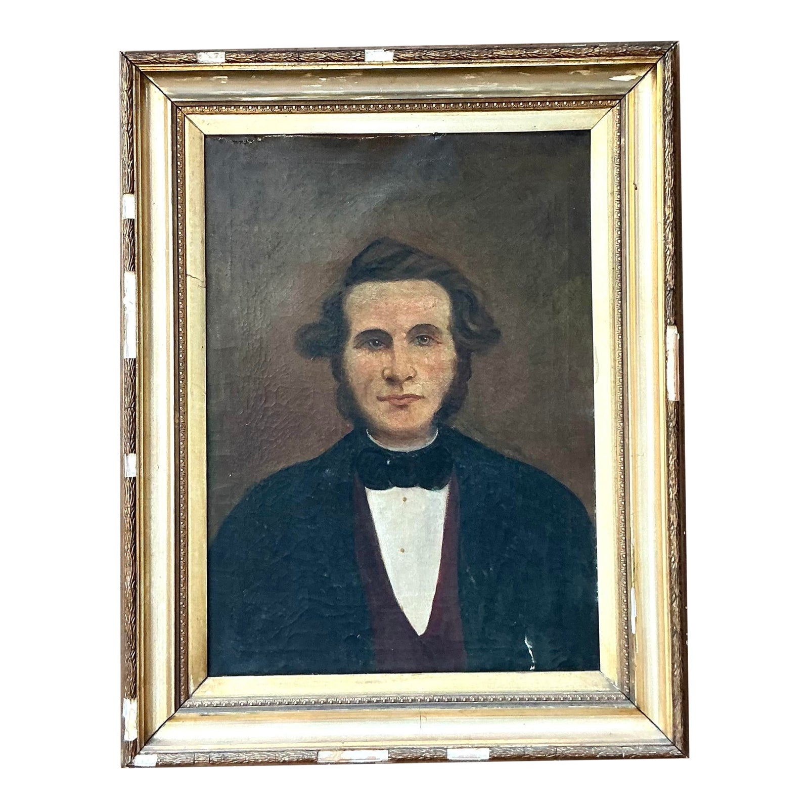 Vintage Boho 19th Century Folk Art Portrait of Man