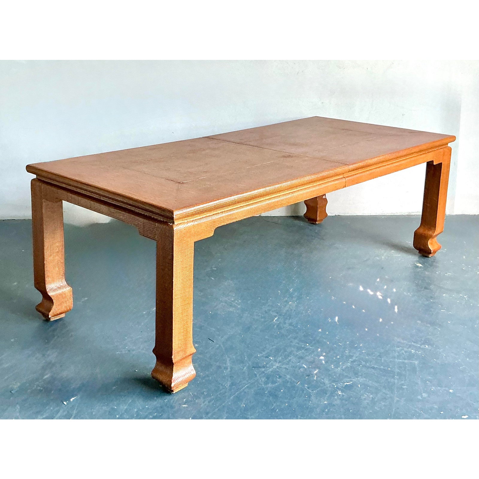 Vintage Boho Grasscloth Ming Extendable Dining Table - Back view
