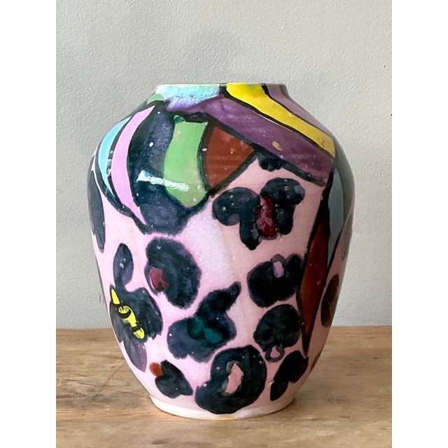 Vintage Boho Hand Painted Glazed Ceramic Vase - Side view
