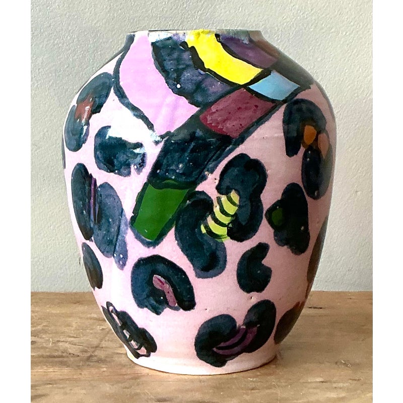 Vintage Boho Hand Painted Glazed Ceramic Vase - Back view