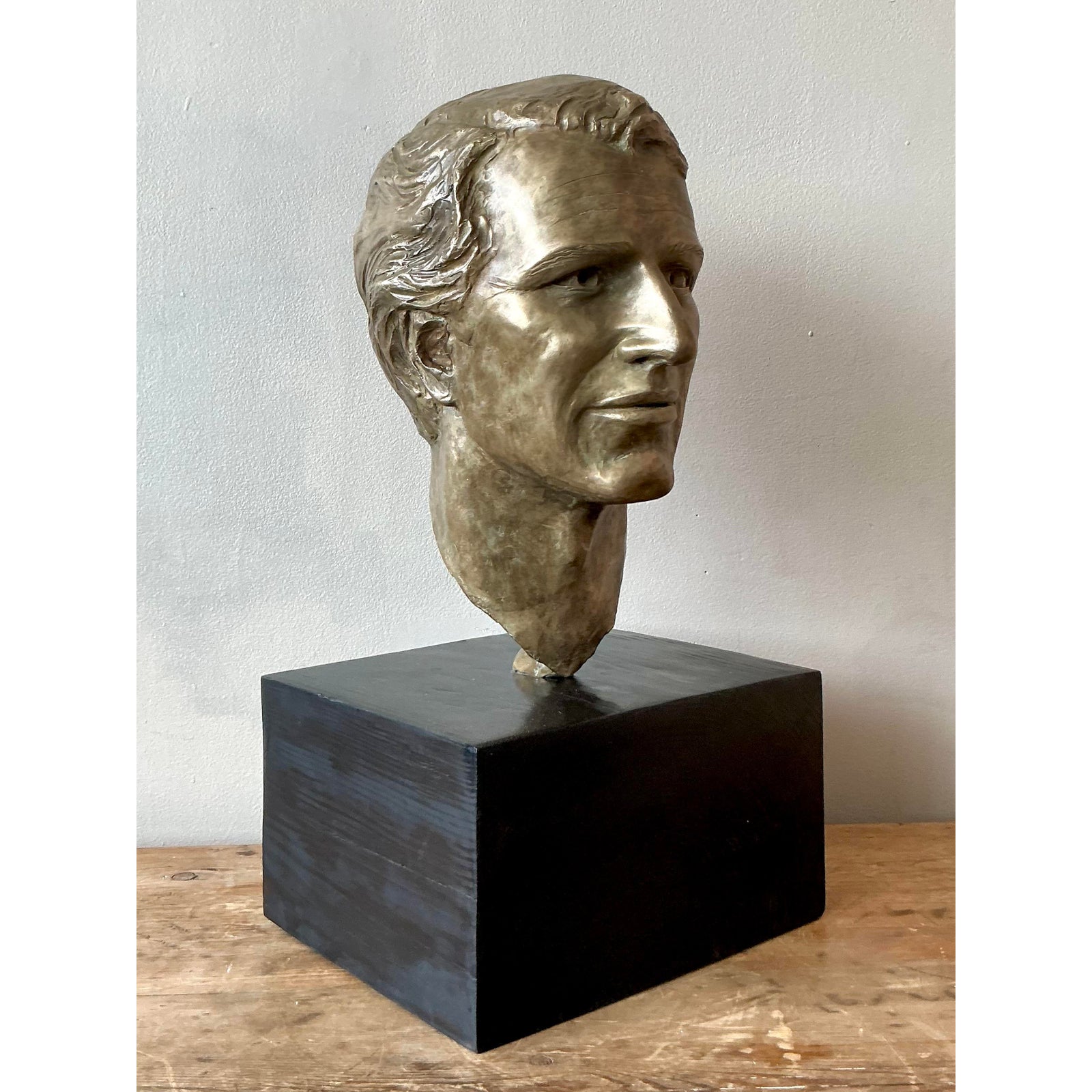 Vintage Boho Original Cast Bronze Bust of Paul Newman - Top view
