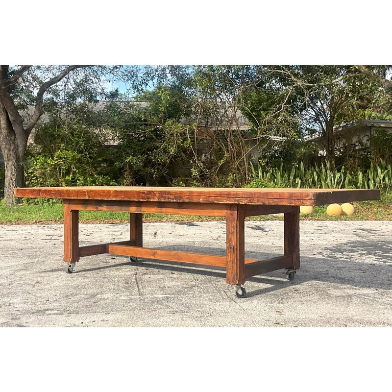 Vintage Boho Monumental Industrial Plank Dining Table on Casters - Back view