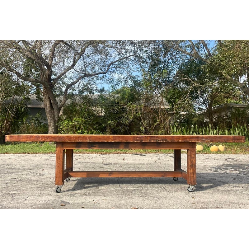 Vintage Boho Monumental Industrial Plank Dining Table on Casters - Top view
