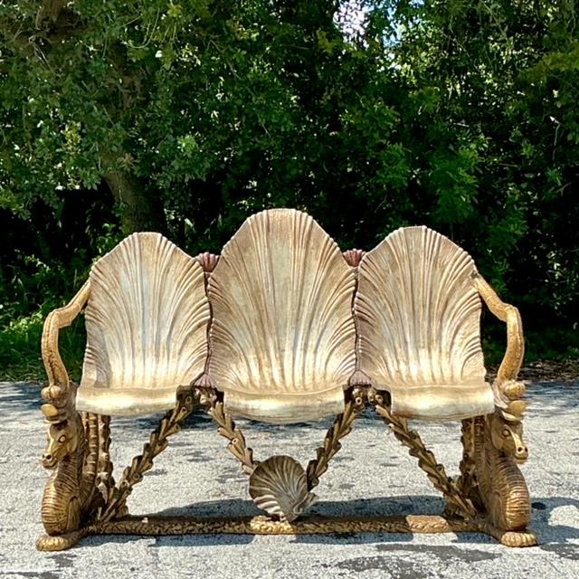 Vintage Coastal Venetian Gilt Carved Grotto and Seahorse Bench - Detail view