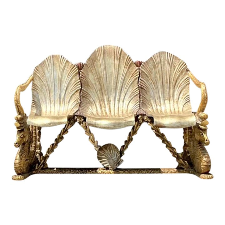 Vintage Coastal Venetian Gilt Carved Grotto and Seahorse Bench
