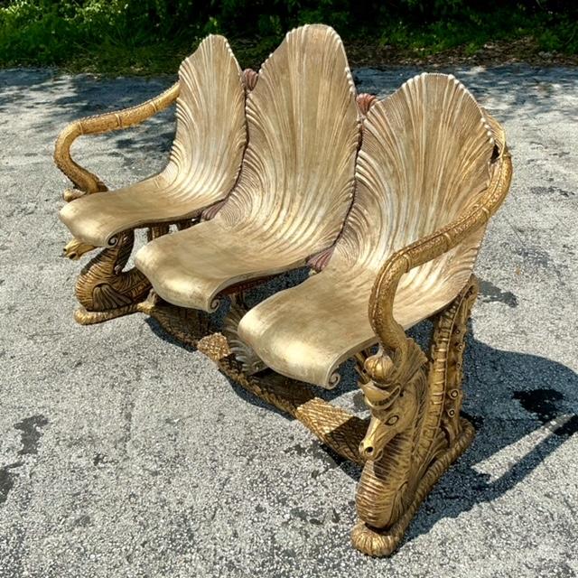 Vintage Coastal Venetian Gilt Carved Grotto and Seahorse Bench - Side view