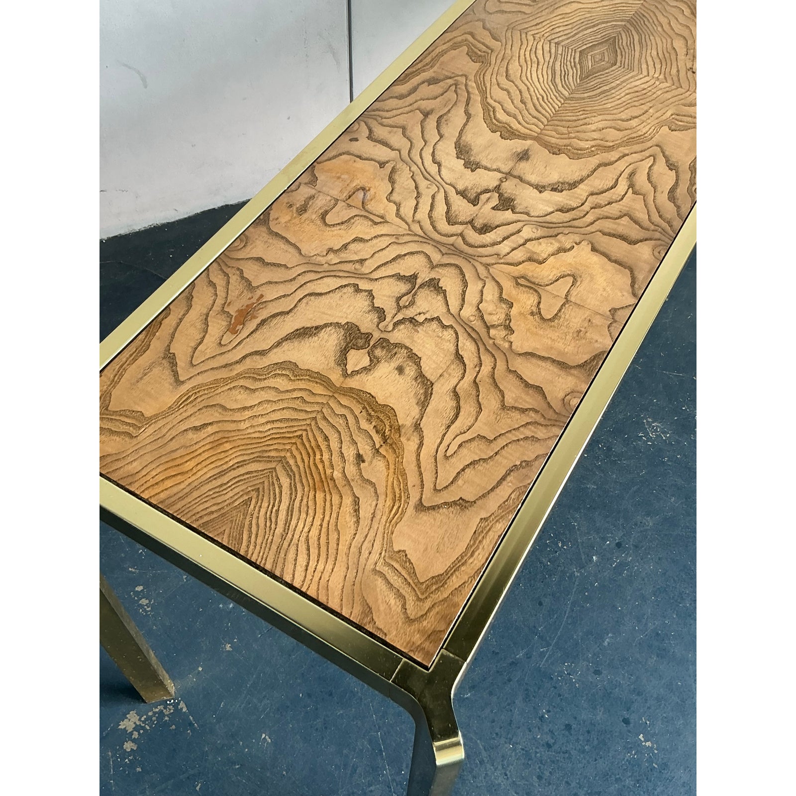 Vintage Boho Brass and Burl Console Table - Top view