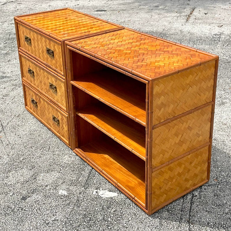 Late 20th Century Vintage Coastal Parquet Rattan Credenza Set of 2 - Side view