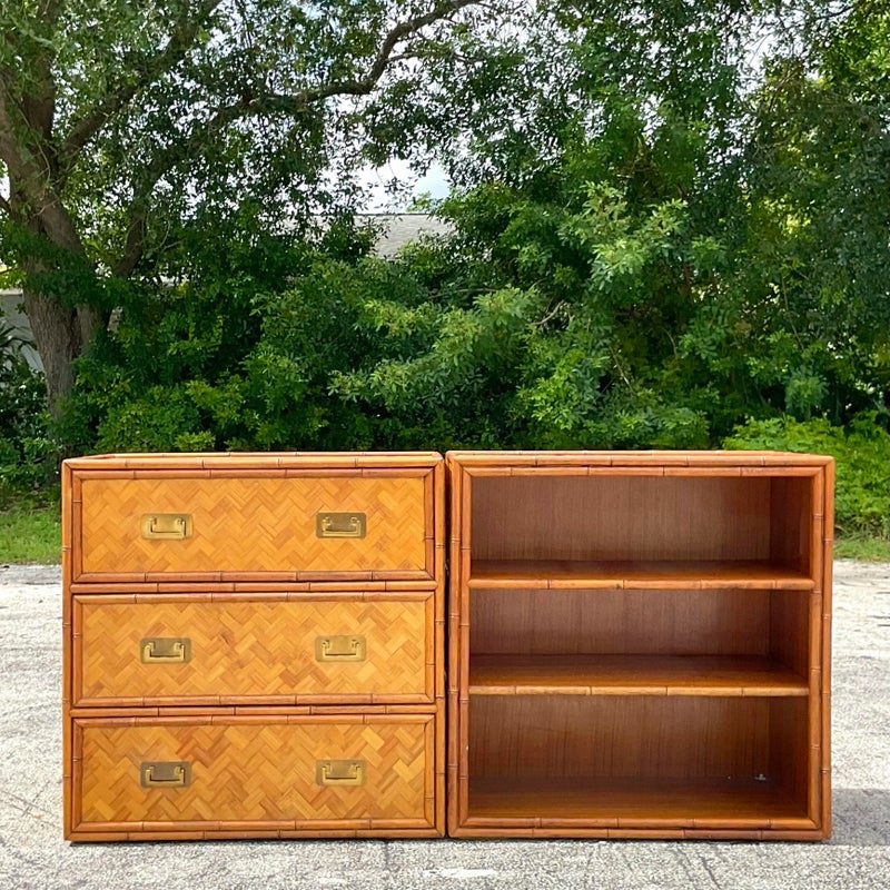 Late 20th Century Vintage Coastal Parquet Rattan Credenza Set of 2 - Back view