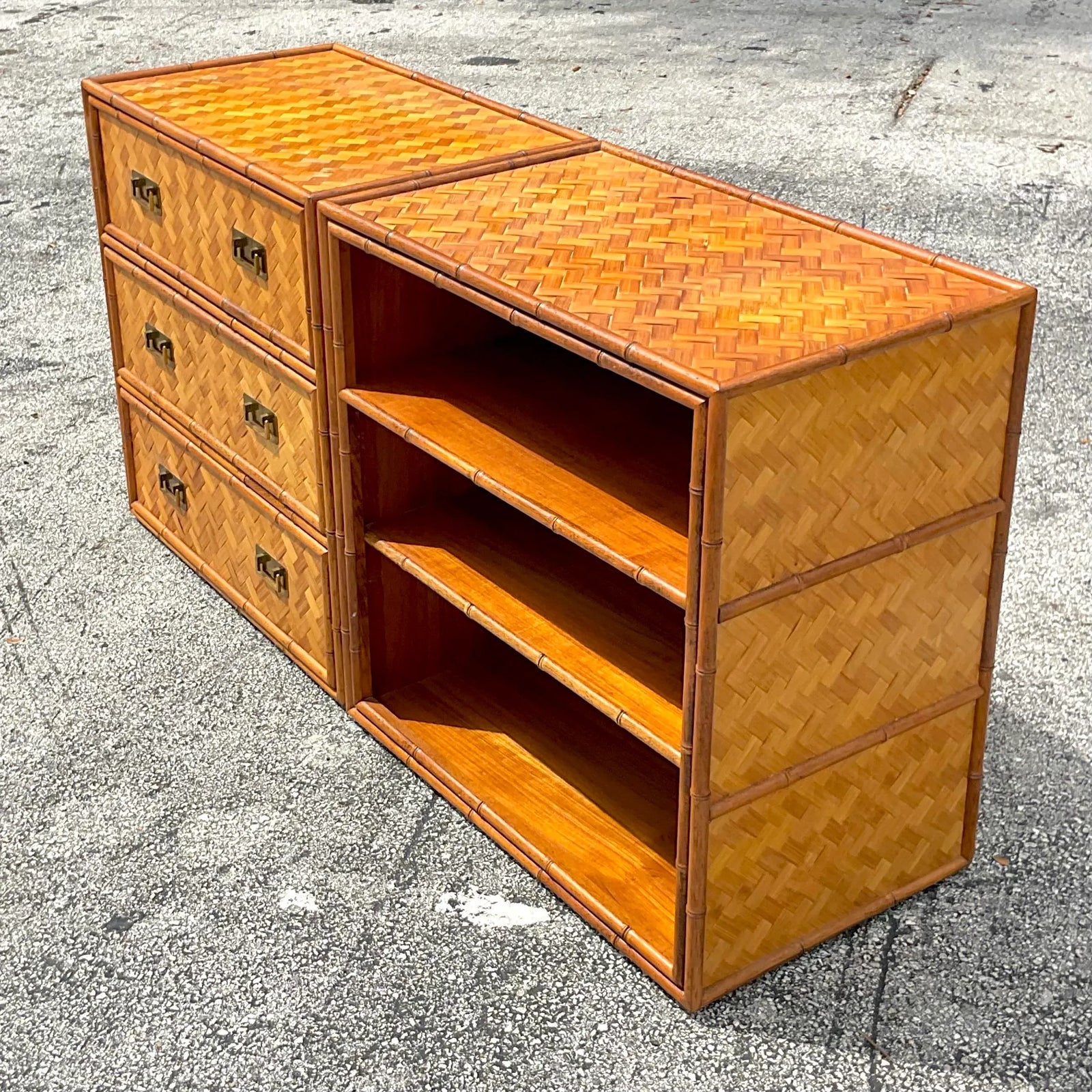 Late 20th Century Vintage Coastal Parquet Rattan Credenza Set of 2 - Top view