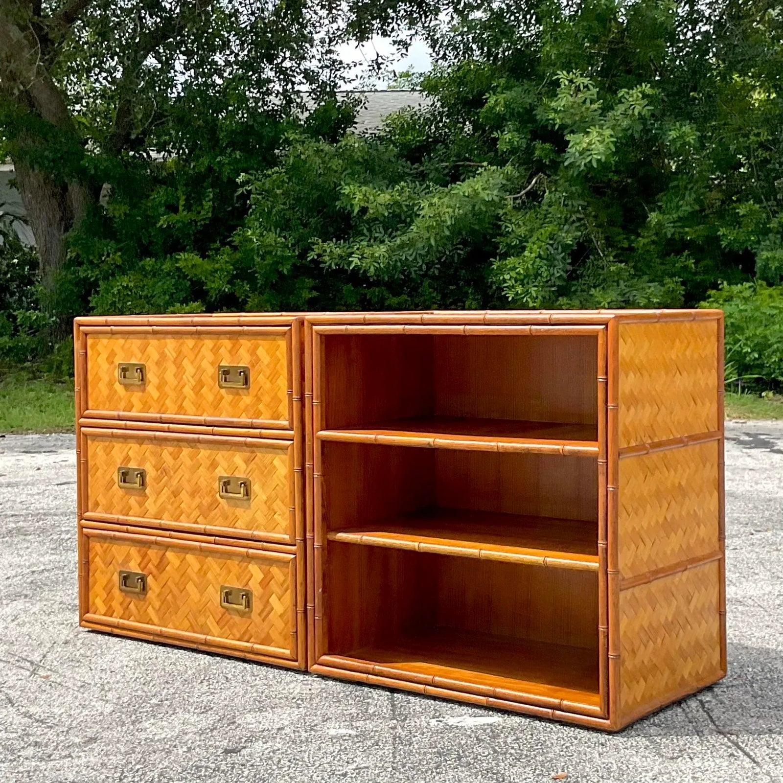 Late 20th Century Vintage Coastal Parquet Rattan Credenza Set of 2 - Detail view