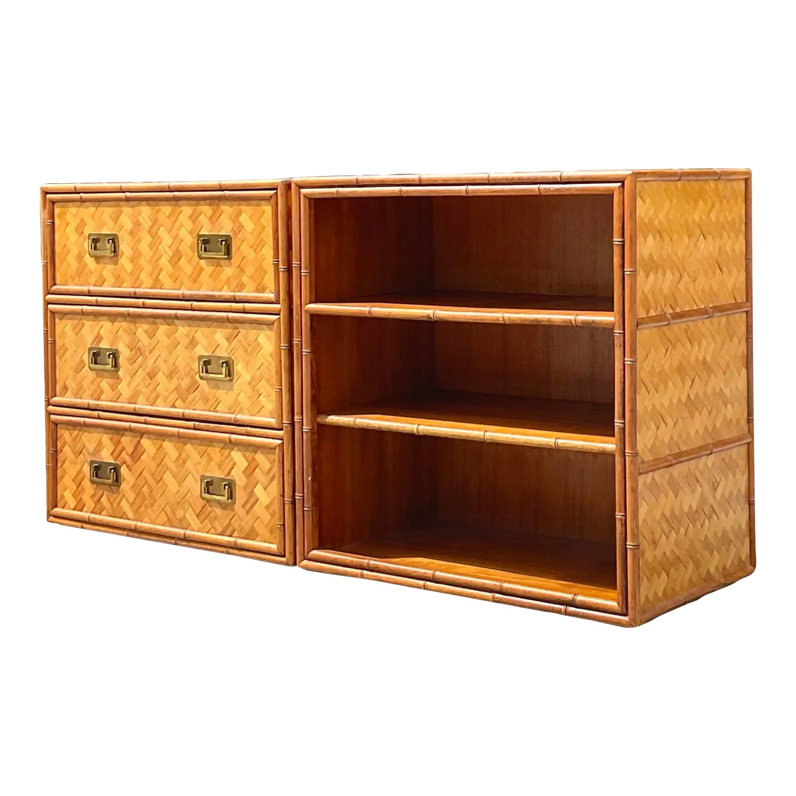 Late 20th Century Vintage Coastal Parquet Rattan Credenza Set of 2
