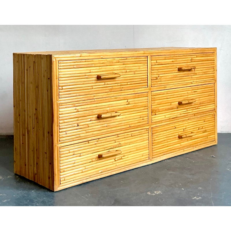Vintage Boho Rattan Six Drawer Dresser - Back view