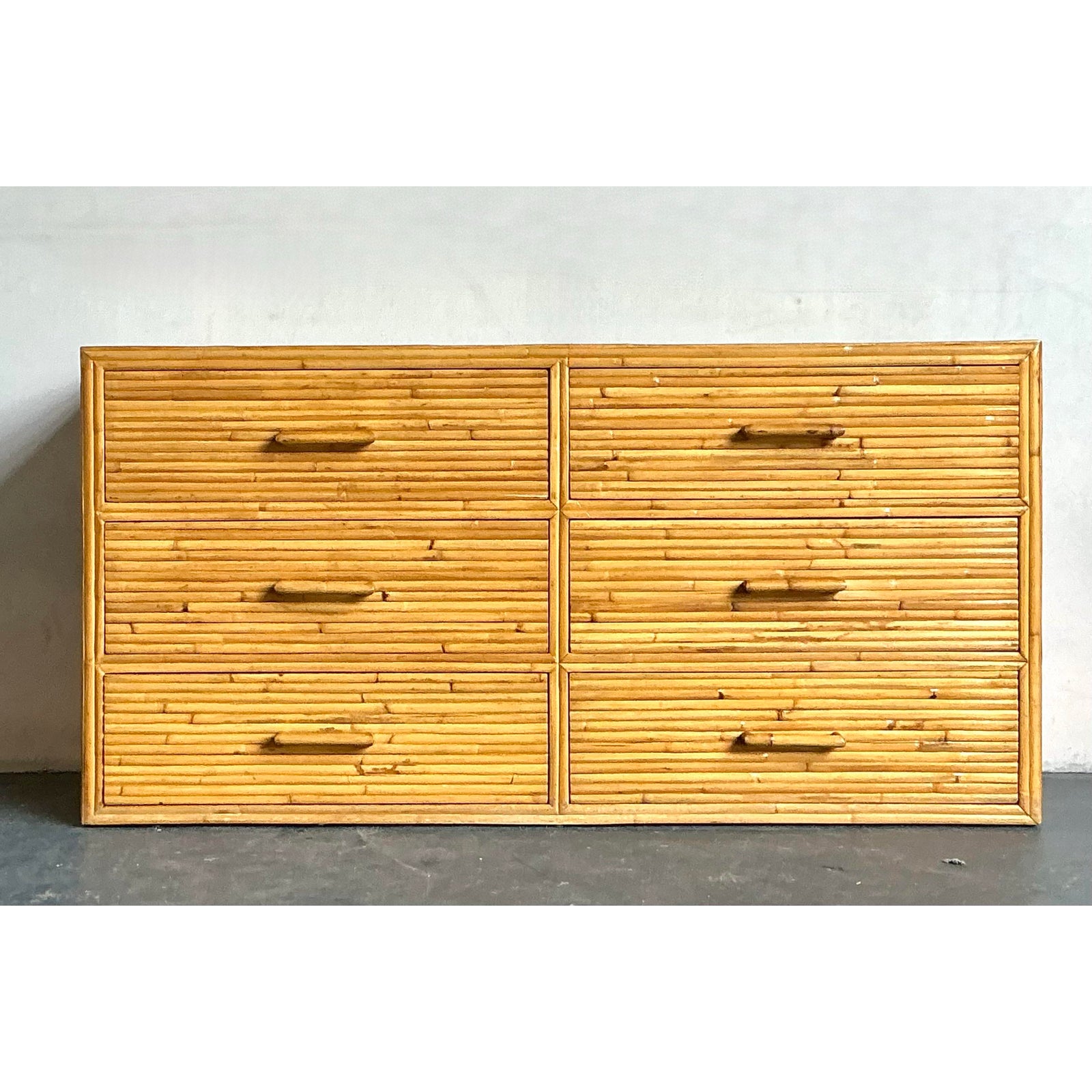 Vintage Boho Rattan Six Drawer Dresser - Detail view