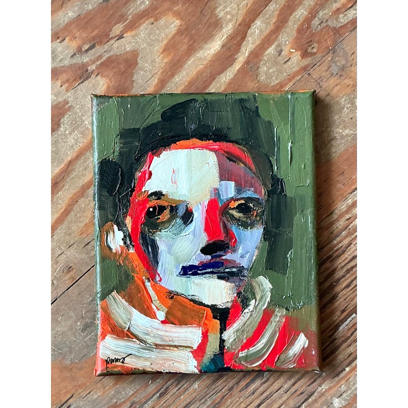 Vintage Boho Abstract Expressionist Portrait on Canvas - Top view