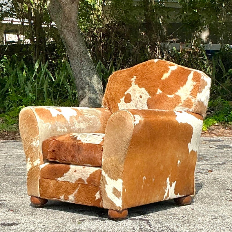 Vintage Boho Cowhide Roll Arm Lounge Chair - Back view