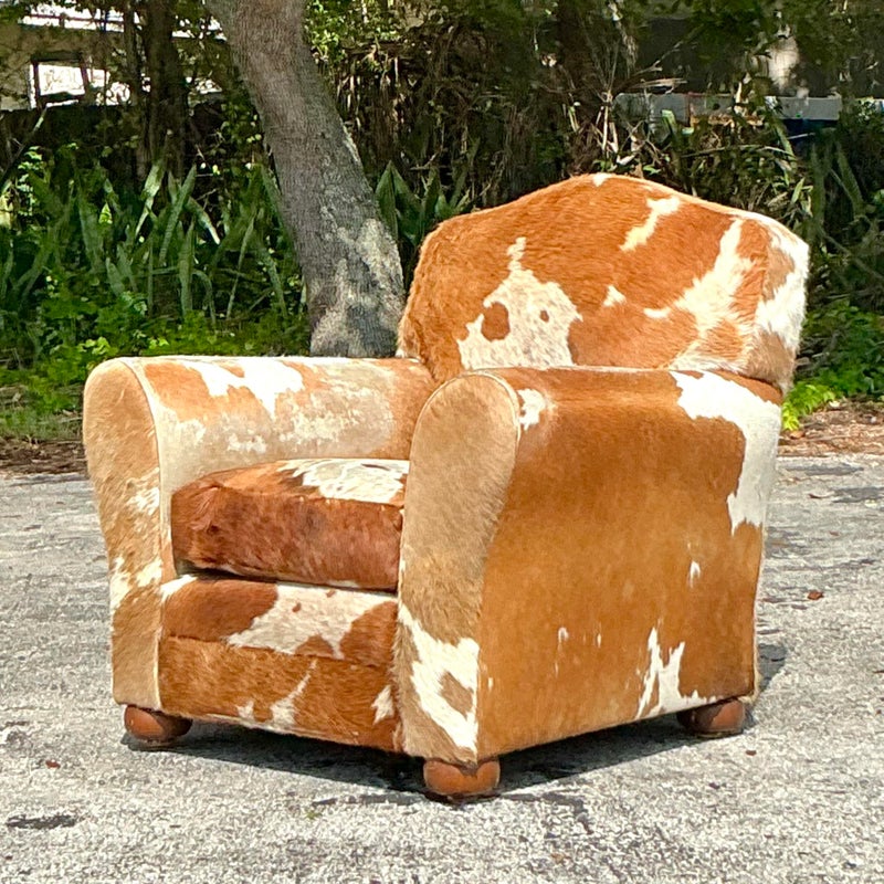 Vintage Boho Cowhide Roll Arm Lounge Chair - Top view
