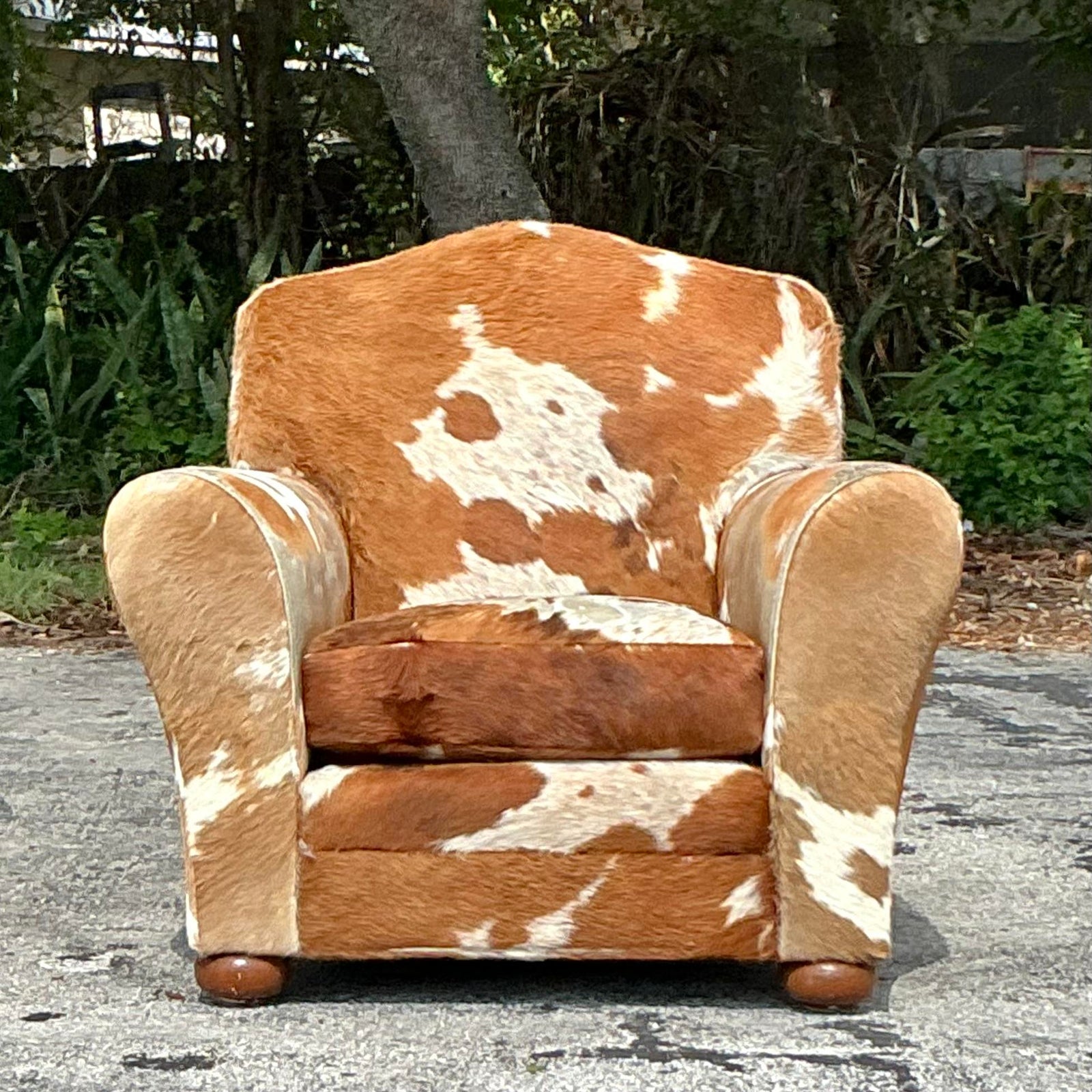 Vintage Boho Cowhide Roll Arm Lounge Chair - Side view
