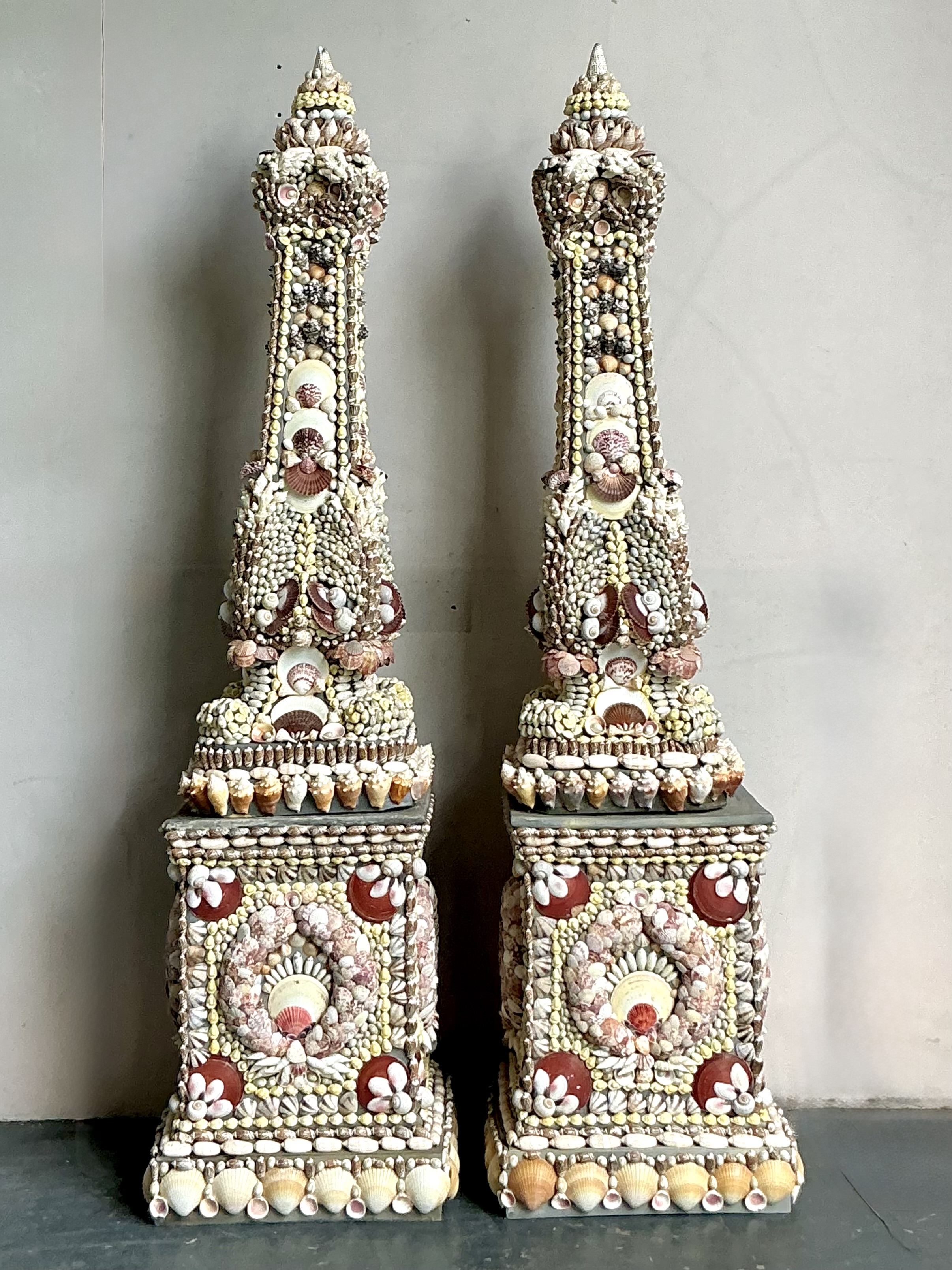 Vintage Monumental Shell Encrusted Obelisks- a Pair - Side view