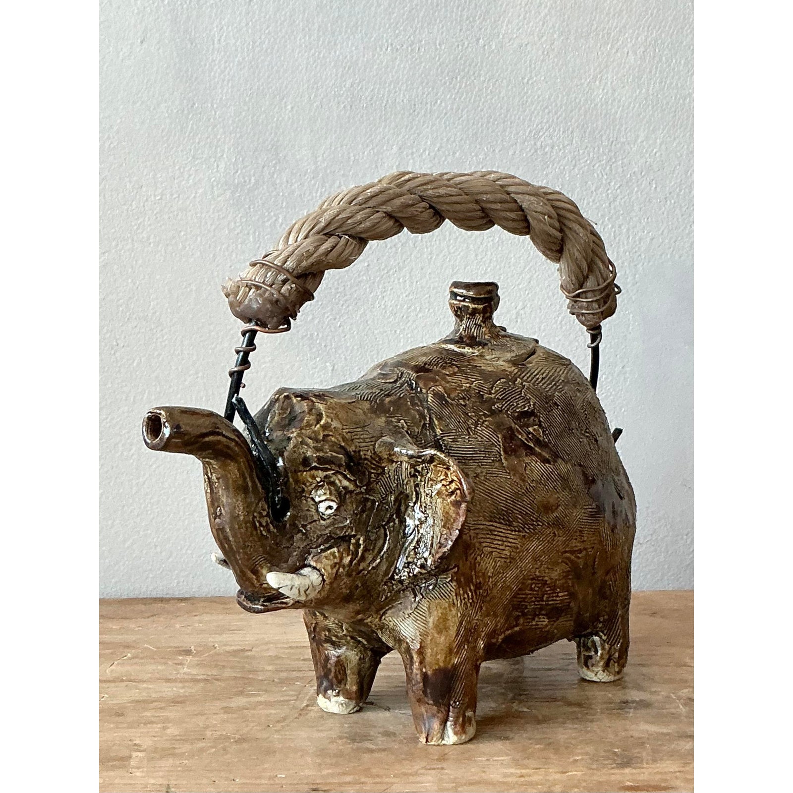 Vintage Boho Original Studio Pottery Elephant Teapot - Top view