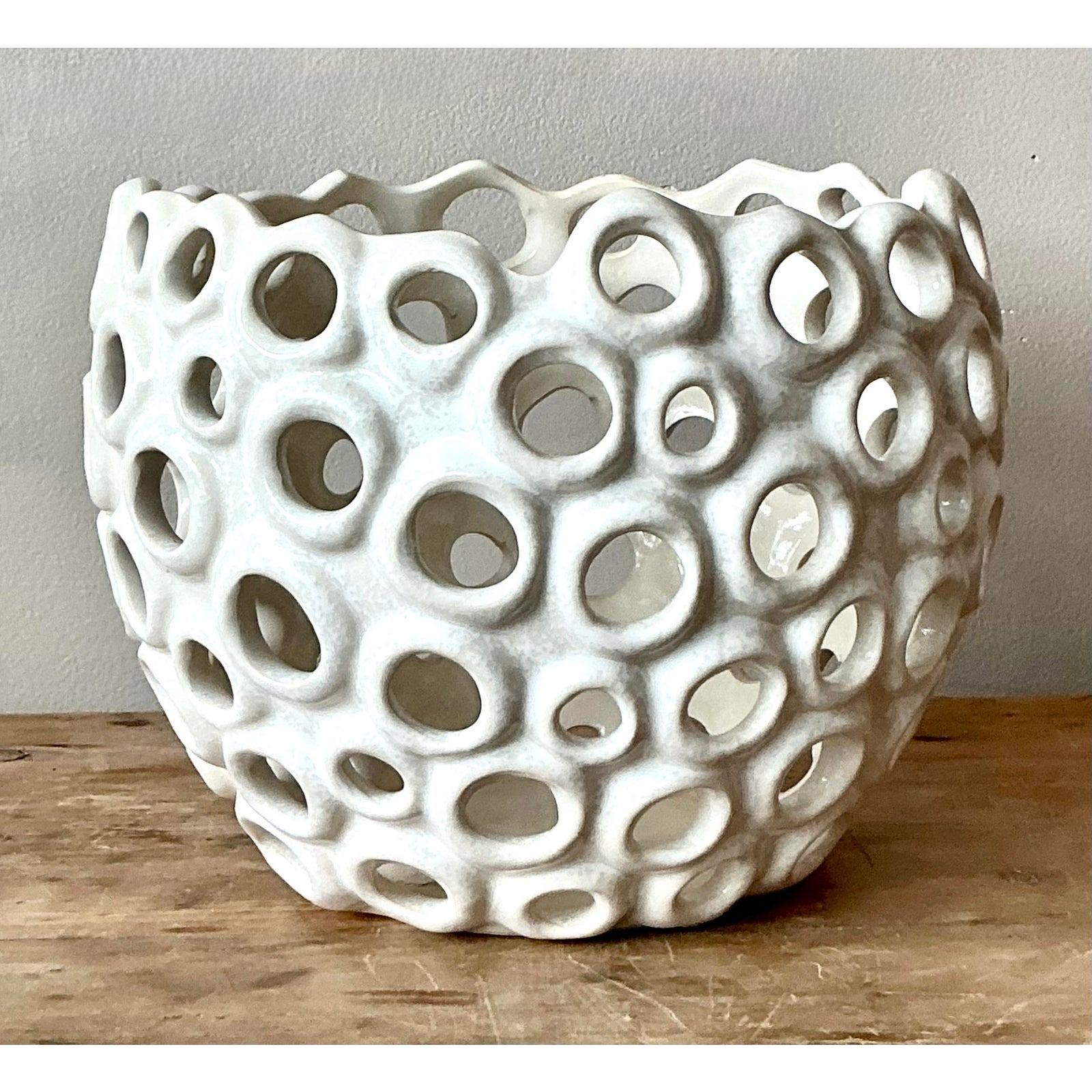 Vintage Boho Glazed Ceramic Holes Bowl - Back view