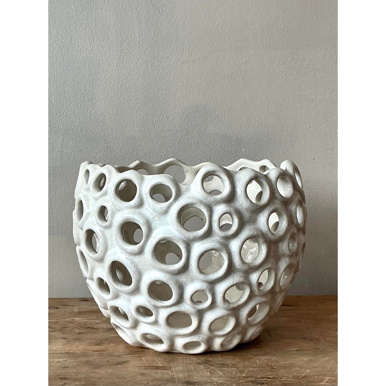 Vintage Boho Glazed Ceramic Holes Bowl - Top view