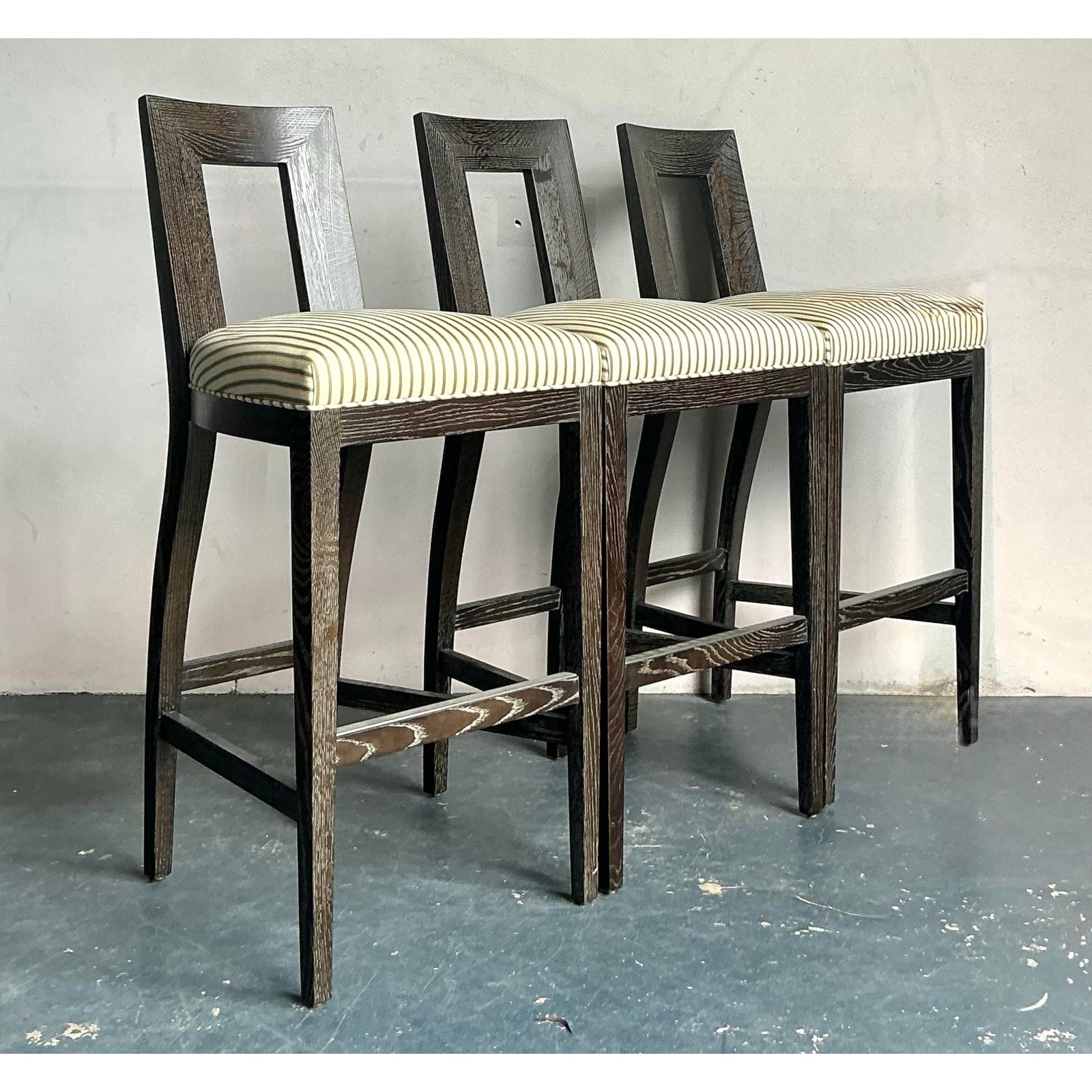 Vintage Boho Donghia Cerused “Margarita” Bar Stools - Set of 3 - Side view