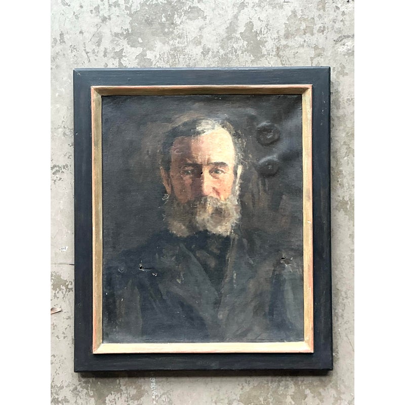 Vintage Boho 19th Century Original Oil Portrait of Man - Side view