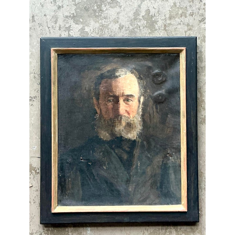 Vintage Boho 19th Century Original Oil Portrait of Man - Detail view