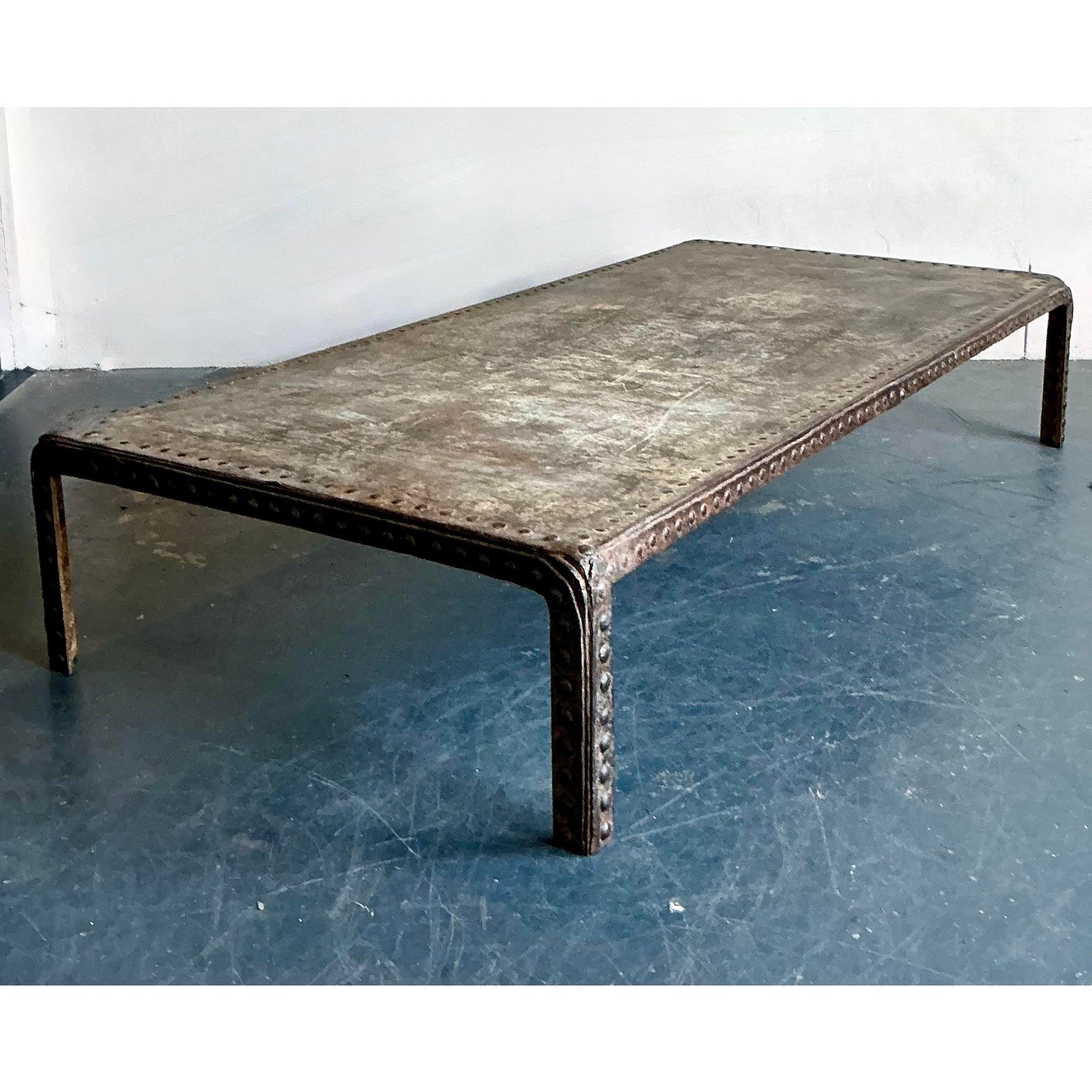 Vintage Boho Industrial Nailhead Coffee Table - Side view