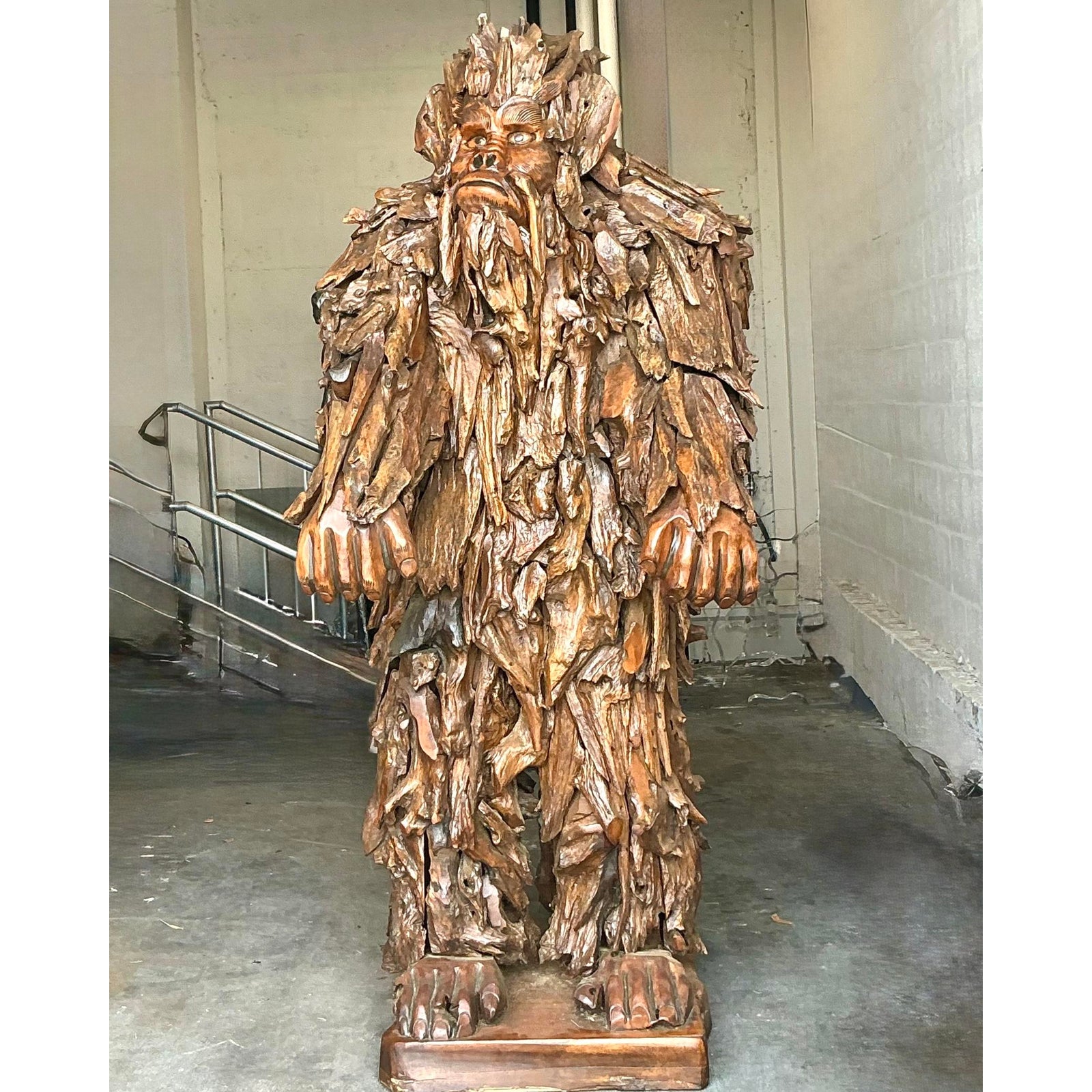Vintage Boho Monumental Hand Carved Sasquatch Sculpture - Back view