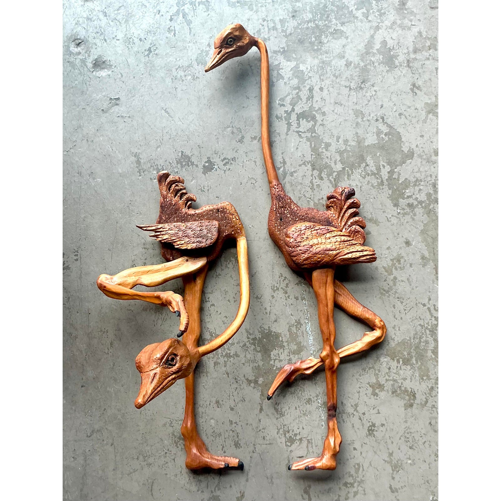 Vintage Boho Hand Carved Ostrich - A Pair - Back view