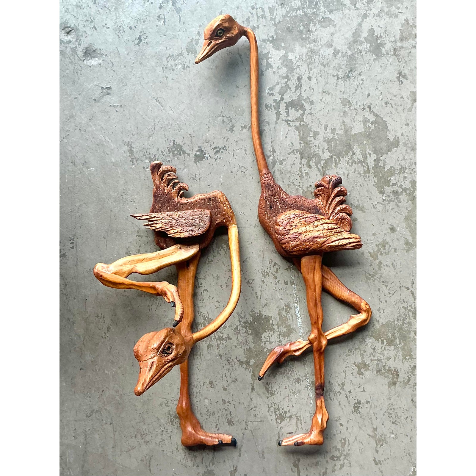 Vintage Boho Hand Carved Ostrich - A Pair - Side view