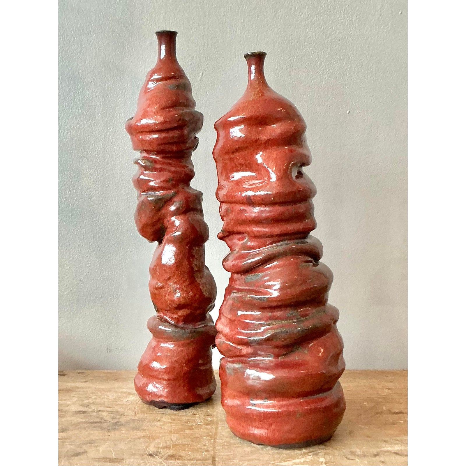 Vintage Boho Original Studio Pottery Vases - Set of 2 - Side view