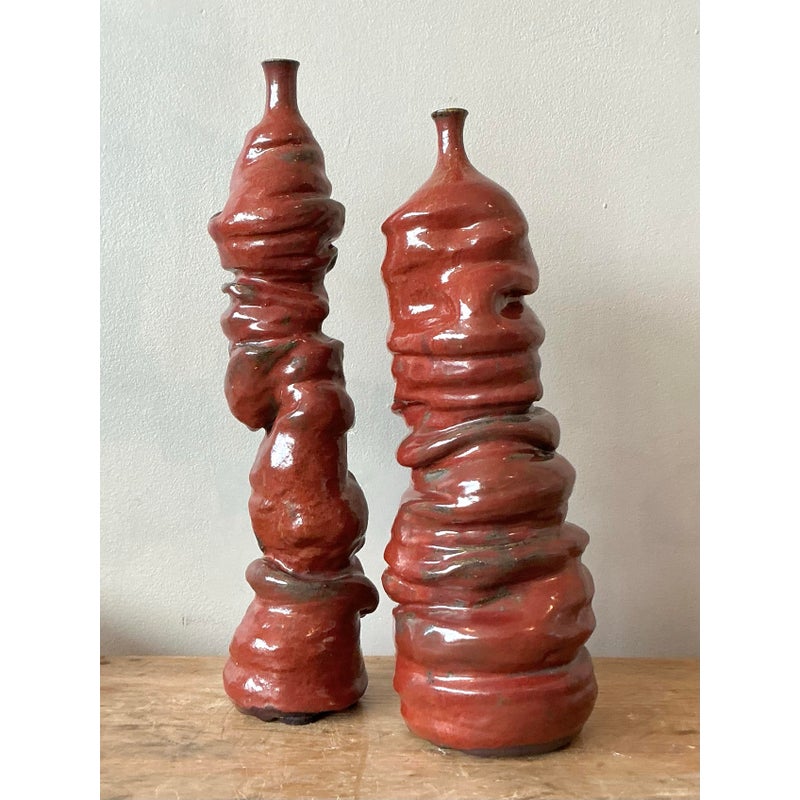 Vintage Boho Original Studio Pottery Vases - Set of 2 - Top view