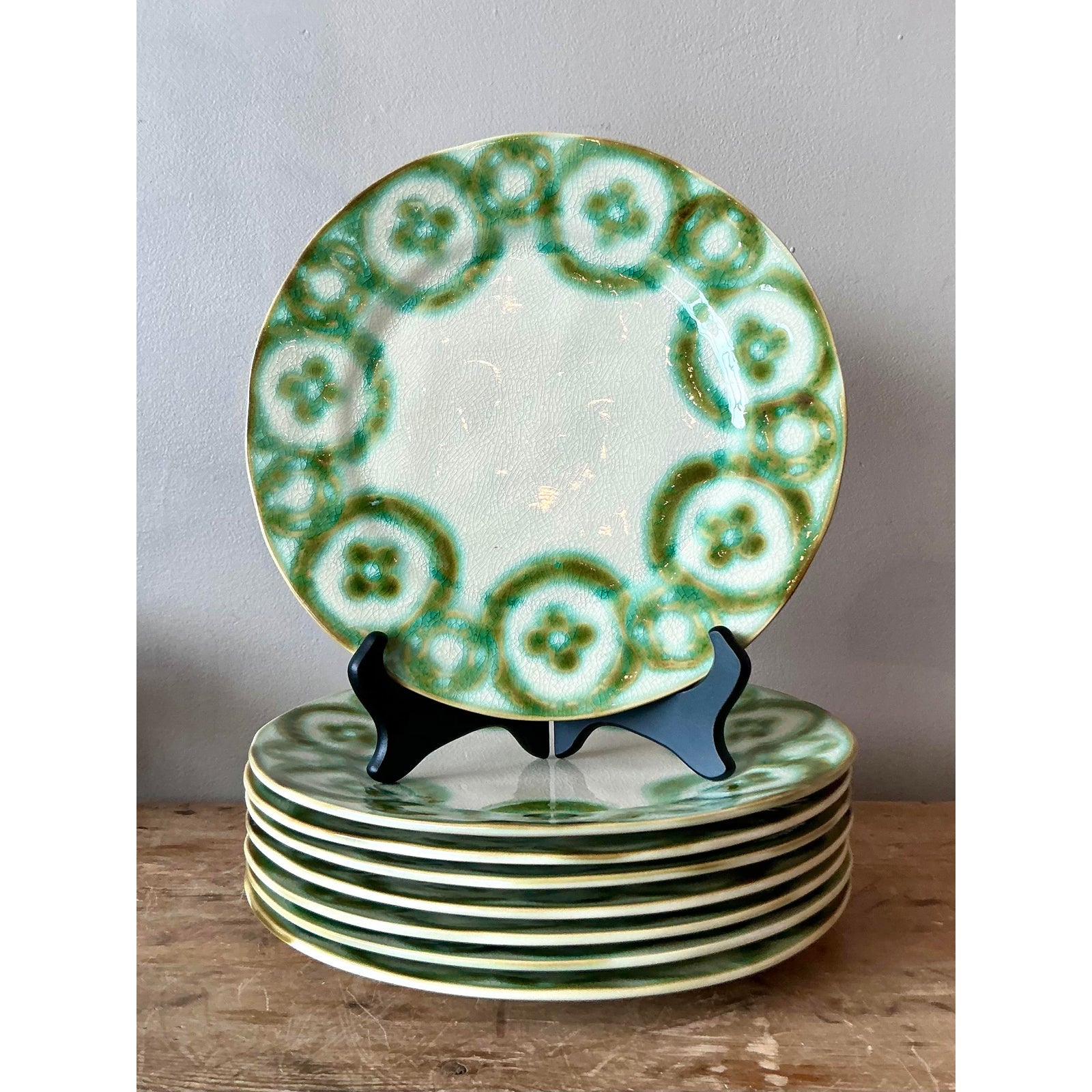 Vintage Boho Portuguese Hand Painted Dinner Plates - Set of 8 - Back view