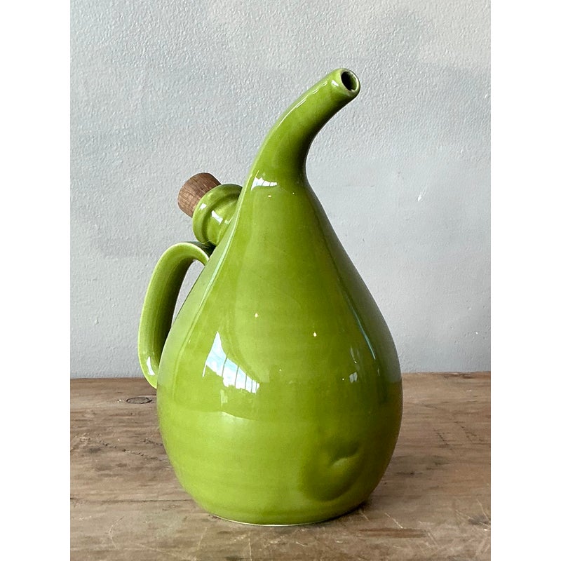 Vintage Italian Glazed Ceramic Olive Oil Pitcher - Top view