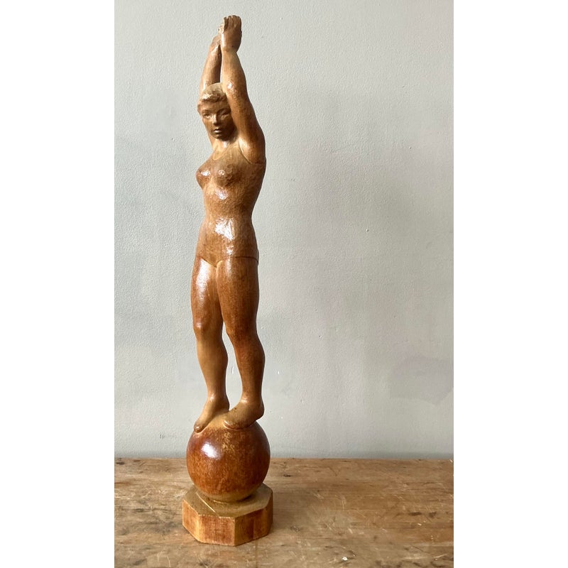 Vintage Boho Carved Wood Female Sculpture - Side view