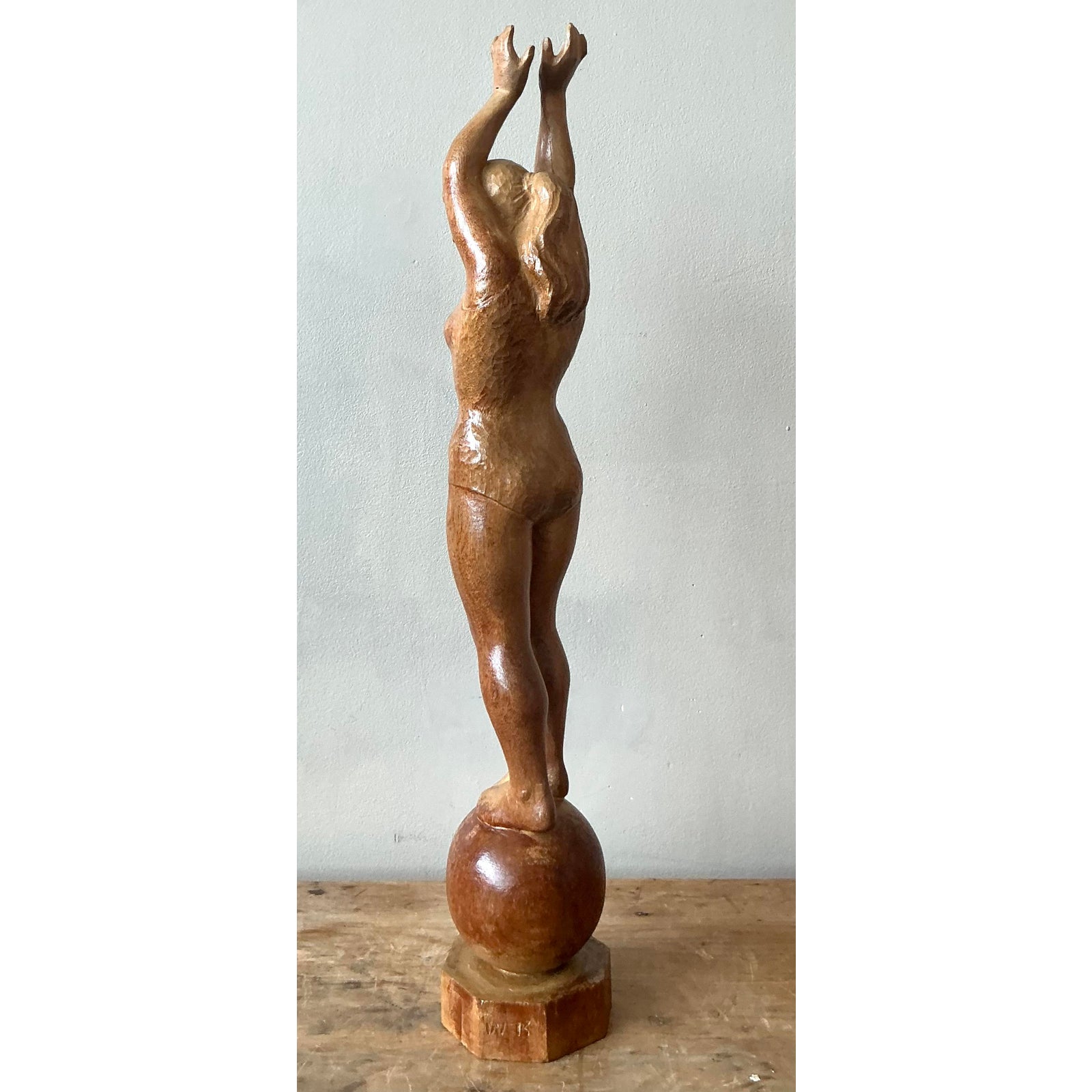 Vintage Boho Carved Wood Female Sculpture - Back view