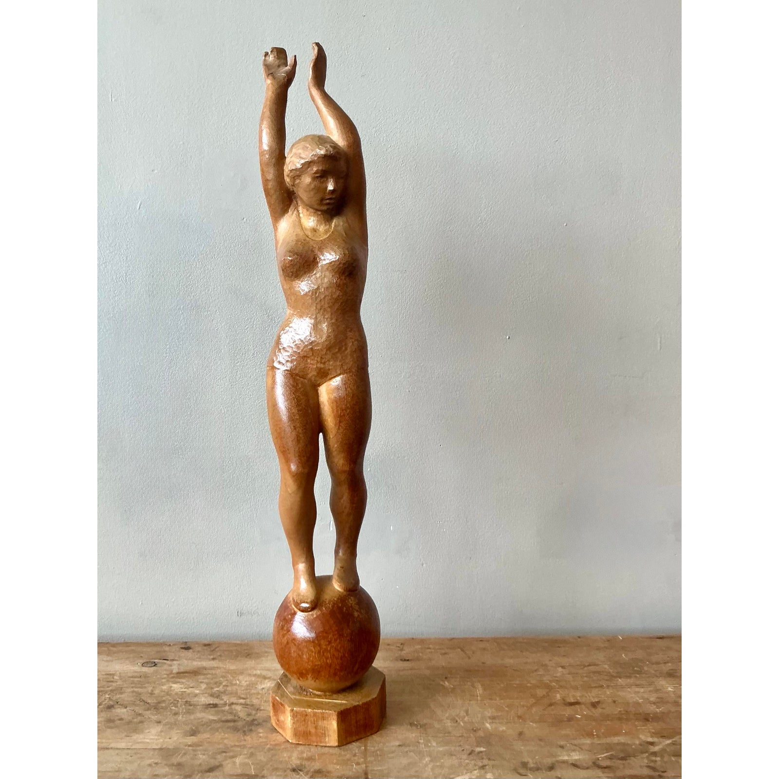 Vintage Boho Carved Wood Female Sculpture - Top view