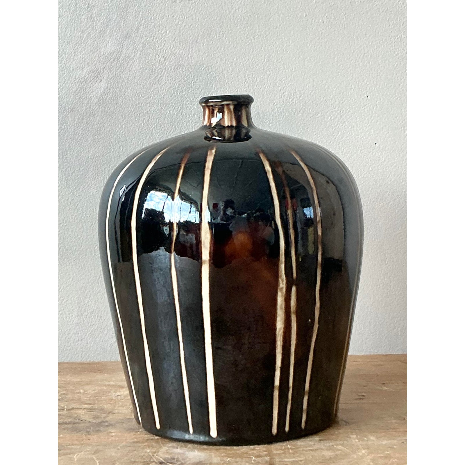 Vintage Boho Glazed Ceramic Vase - Back view