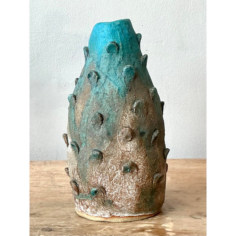 Vintage Boho Studio Pottery Prickly Pear Vase - Side view