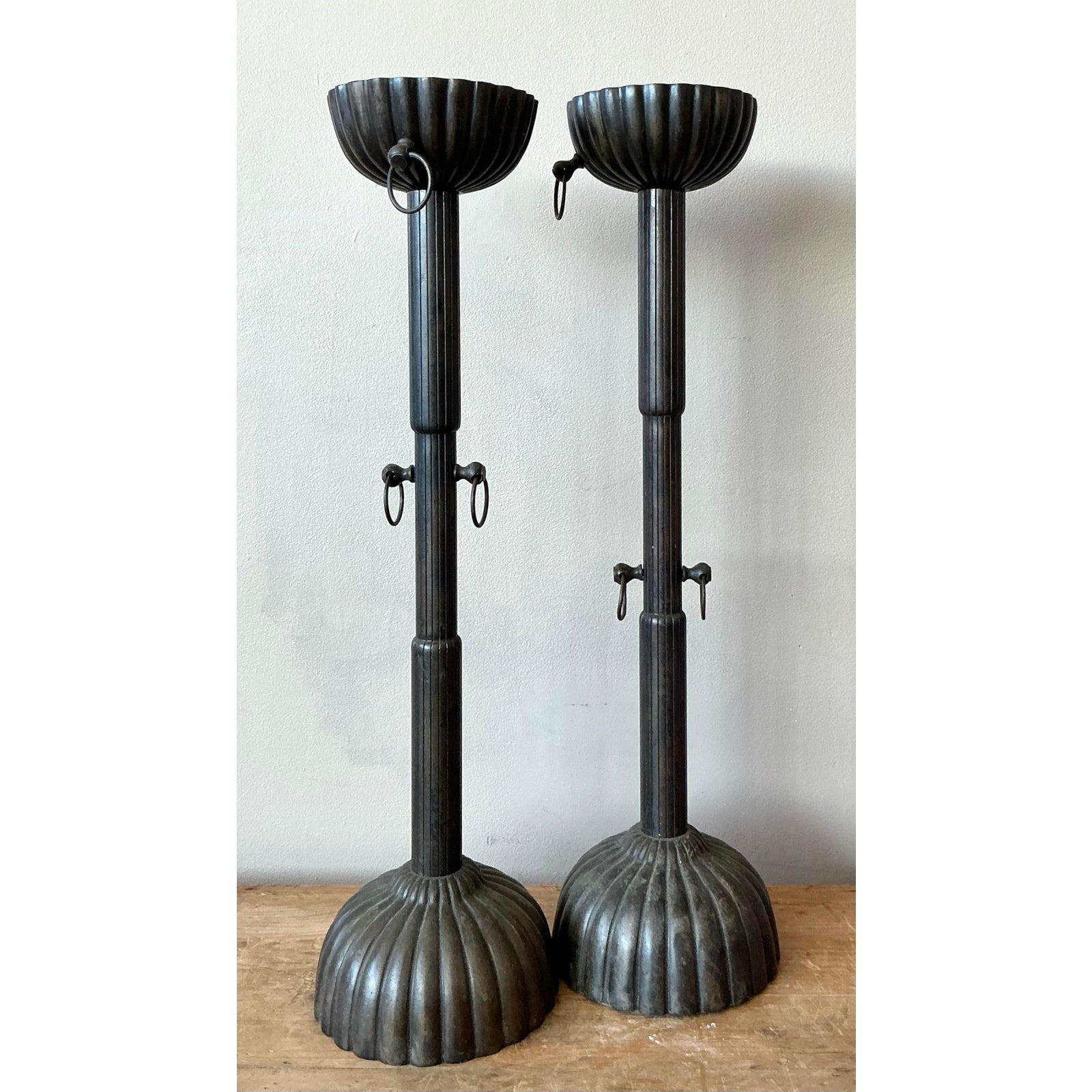 Pair of Vintage Bronze Fluted Candlesticks - Side view