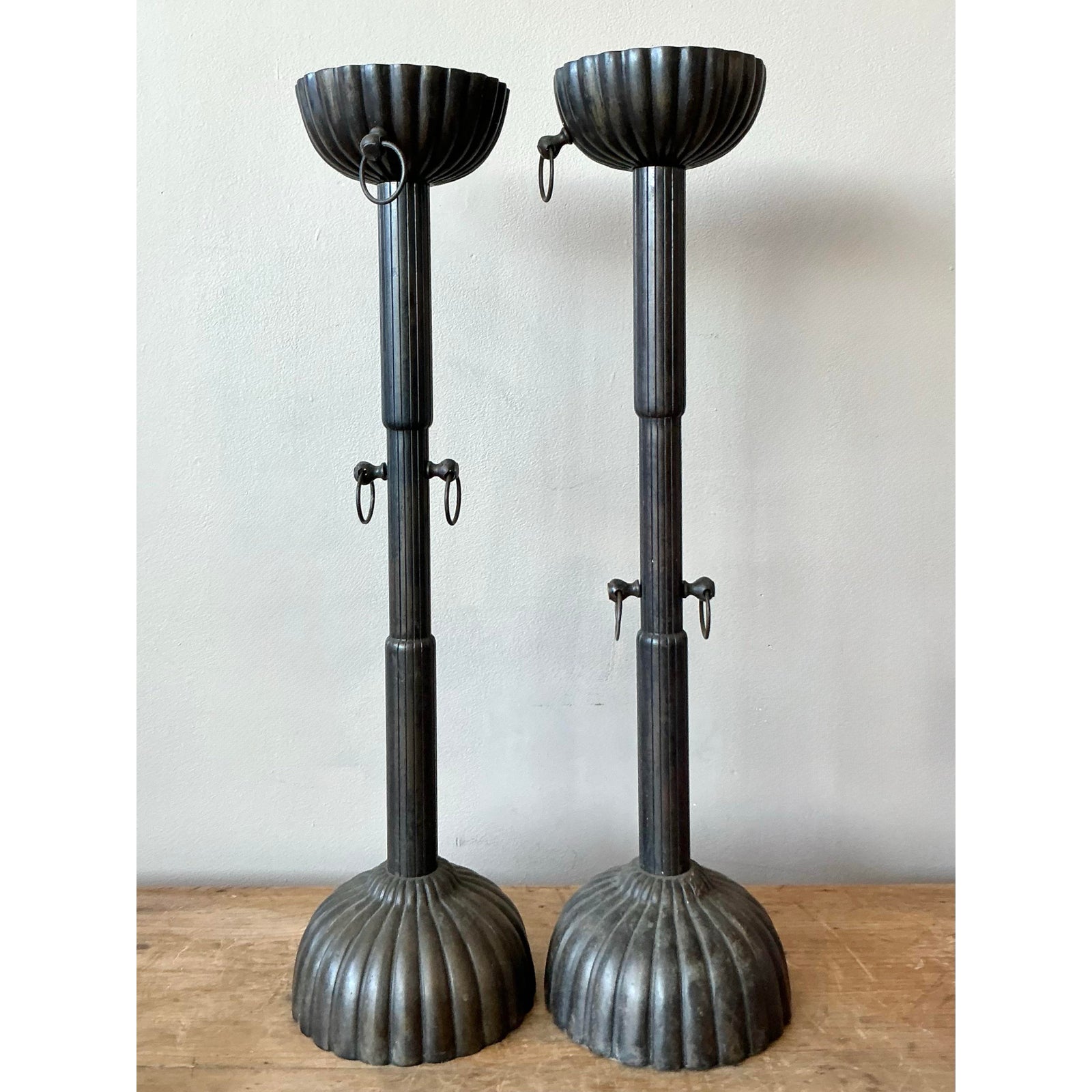 Pair of Vintage Bronze Fluted Candlesticks - Top view
